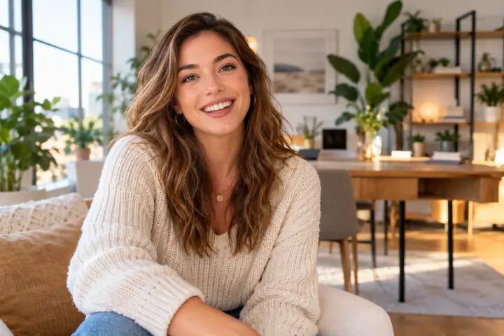 Créateur chaleureux, habillé de façon décontractée, souriant à la caméra dans une pièce moderne et lumineuse.