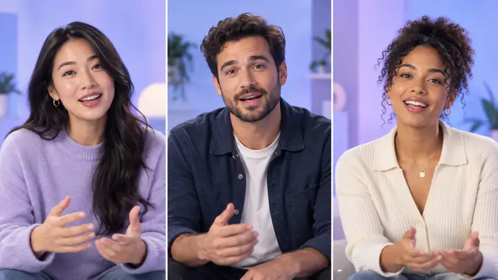 Trois adultes aux profils variés s’adressant à la caméra dans des cadres vidéo distincts et soignés, avec des expressions naturelles et un décor de studio bleu pâle et lavande.