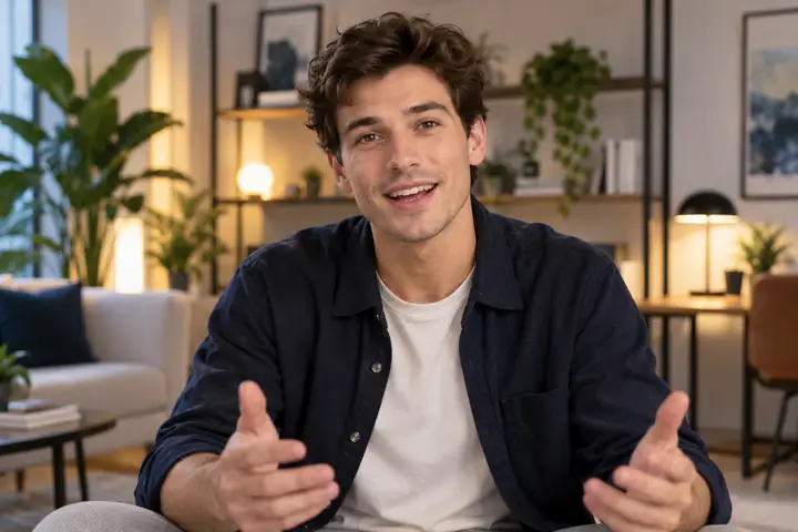 Jeune présentateur s’adressant directement à la caméra dans une pièce moderne doucement éclairée, plan rapproché avec une expression naturelle.