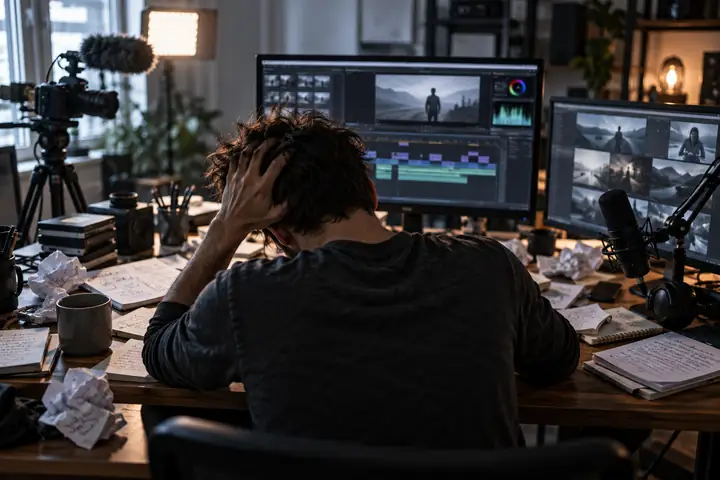Créateur vidéo débordé à son bureau, entouré de notes, d’écrans de montage, d’un microphone et de matériel de production, photographié dans des tons gris atténués.