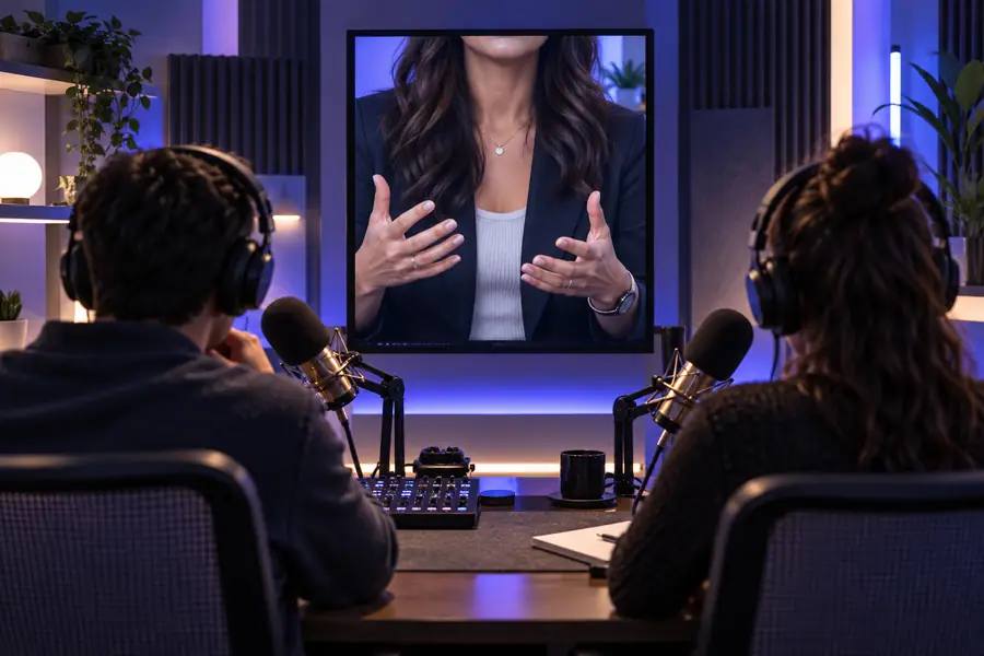 Illustrative podcast video scene with a presenter on screen